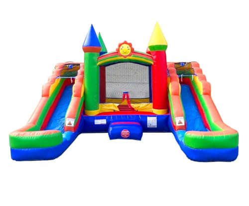 Crossover Rainbow Inflatable Bounce House with Double Inflatable Water Slides for Kids, 16.5 x 15 x 11 Foot, Bouncy House for Kids, Commercial Outdoor Party Bouncer with Blower, Stakes, Storage Bag
